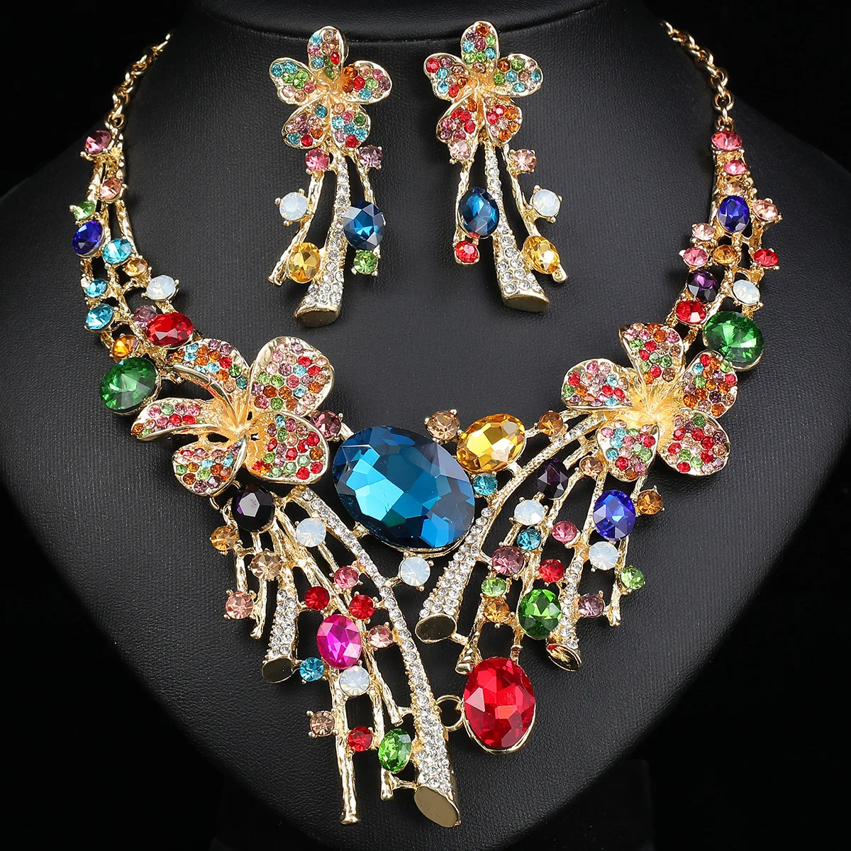 

Cross border source ethnic style flower exaggerated necklace earring set jewelry bridal accessories alloy dress accessories