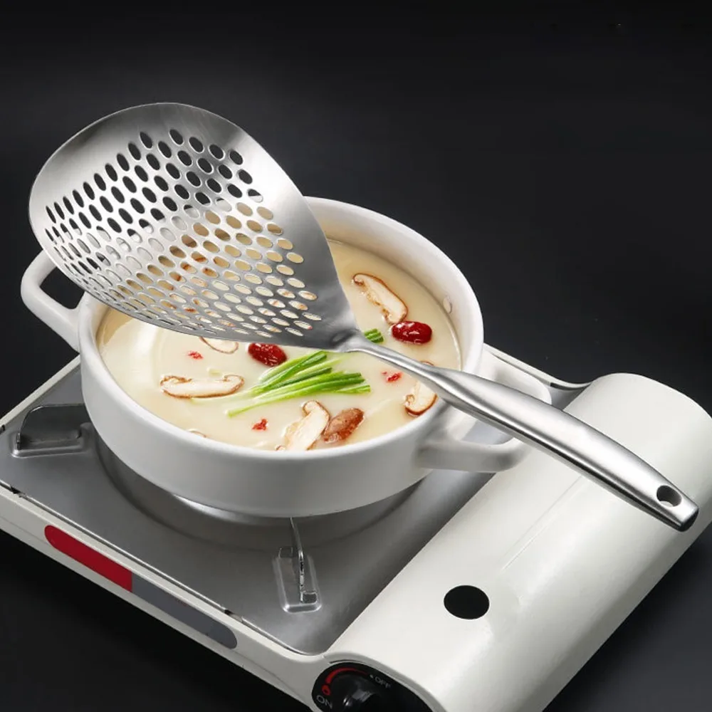 Rustless Steel Soup Spoon Droplet Shaped Scoop Head Anti-scald Handle Skimmer Spoon Multi-perforated Smooth Cooking Utensil