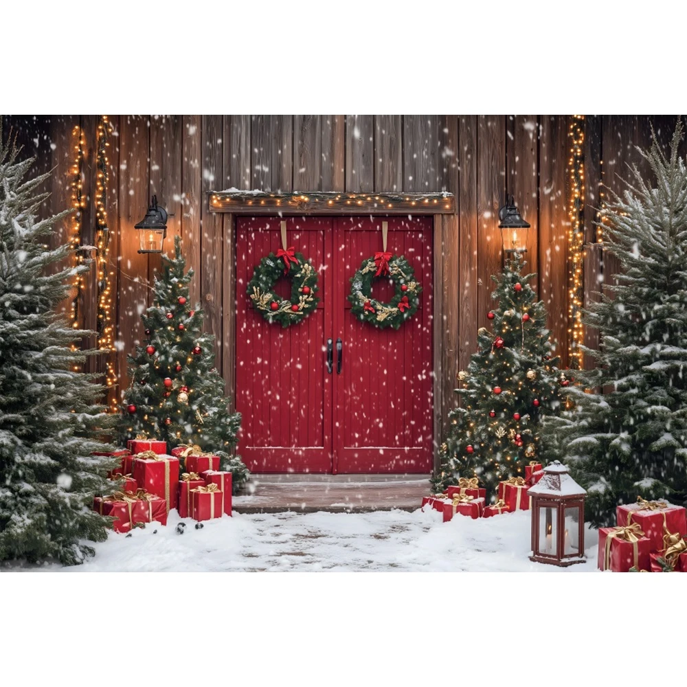 Christmas Photography Background Red Curtain Bear Gifts Window Snowy Xmas Kids Family Portrait Decor Backdrop Photo Studio