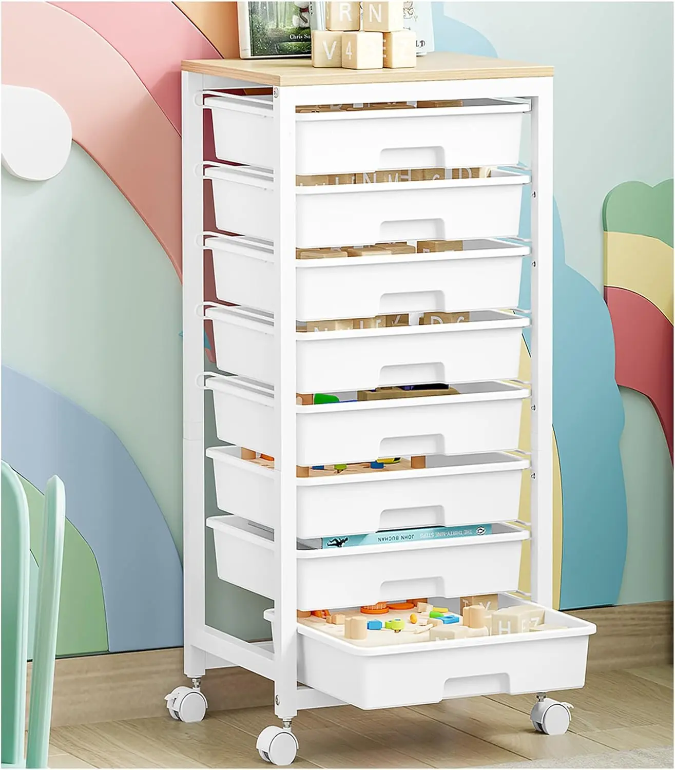 

8-Drawer Rolling Storage Cart with Wooden Tabletop, White Utility Cart for Home and Office Organization