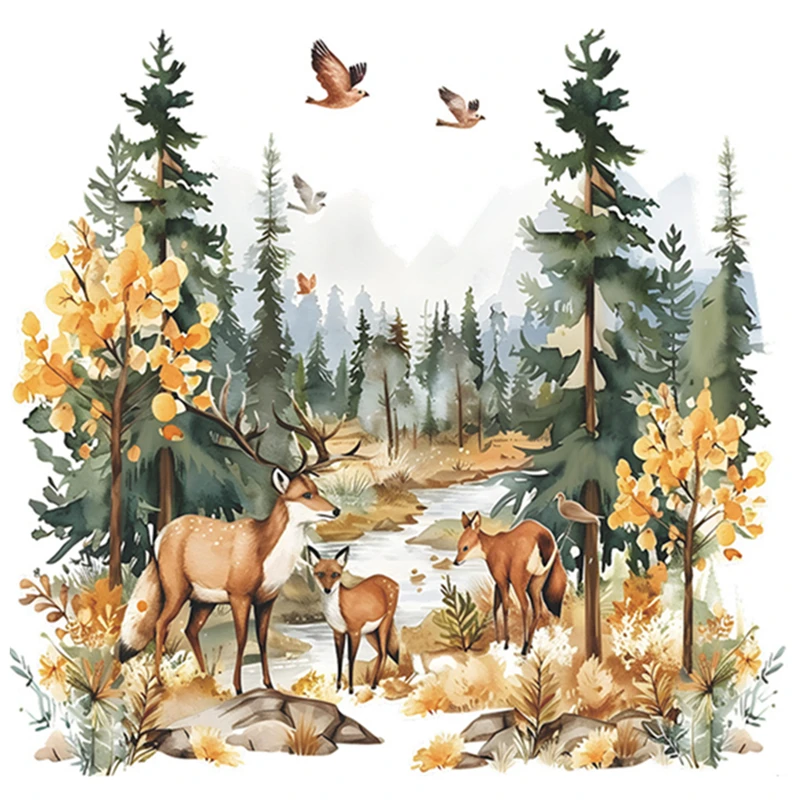 Cartoon Deers Herd Flying Birds 3D Vinyl Wall Stickers for Home Kids Bedroom Nursery Room Decoration Forest Animal Wallpaper