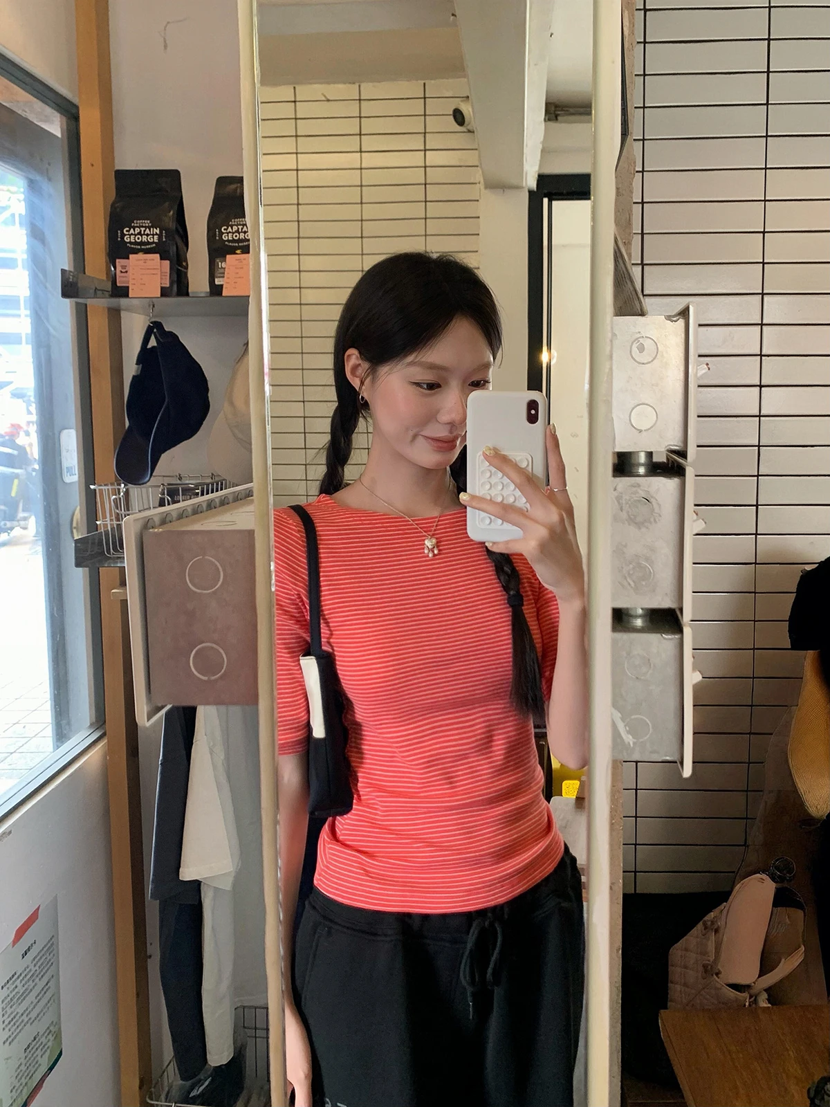 Sakura Candy Striped Boat Neck Design Slim Fit Seven Sleeve T Shirt Women Casual Versatile Short Length Cotton Summer Top