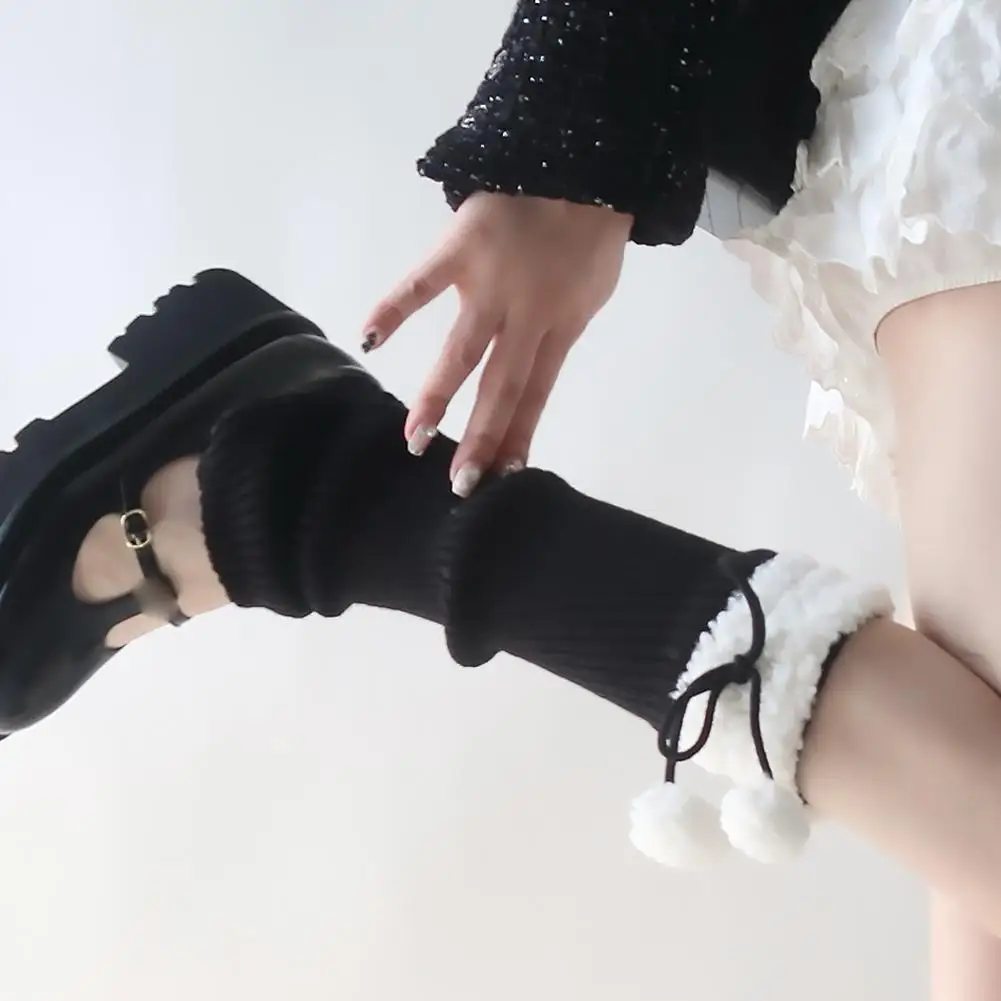 جوارب لوليتا لتدفئة الساق على الطراز الياباني من صوف الضأن مع جوارب بوم بومس JK عصرية قابلة للتكديس للنساء والفتيات