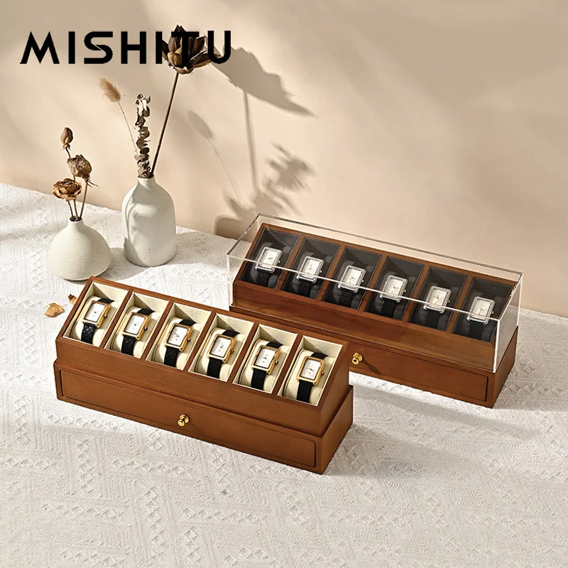 MISHITU 6 Grilds Watch Organizer Box Wooden Double-layer Jewelry Organizer Dust-proof Transparent Cover Wrist Watch Display Box