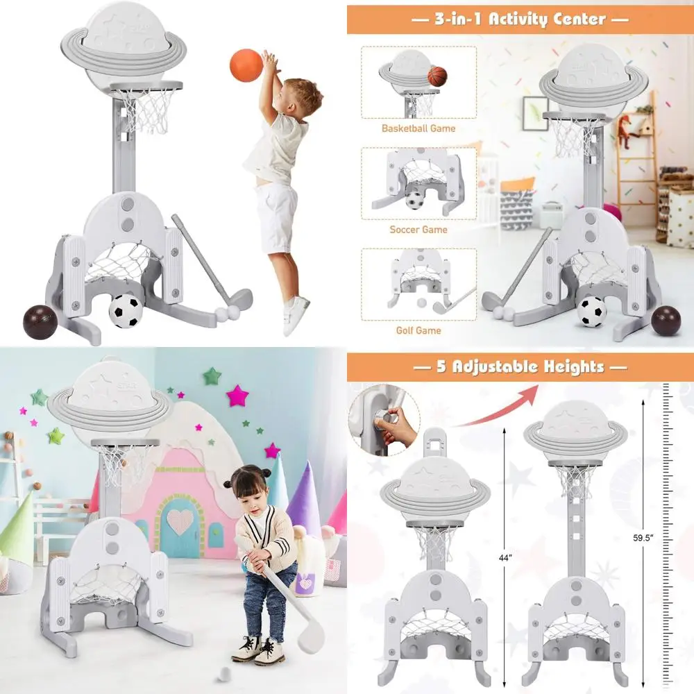 

Adjustable Height Kids Basketball Hoop, Toddler Sports Activity Center, 5-Level Basketball, Soccer, Golf Game Set, Indoor Outdoo