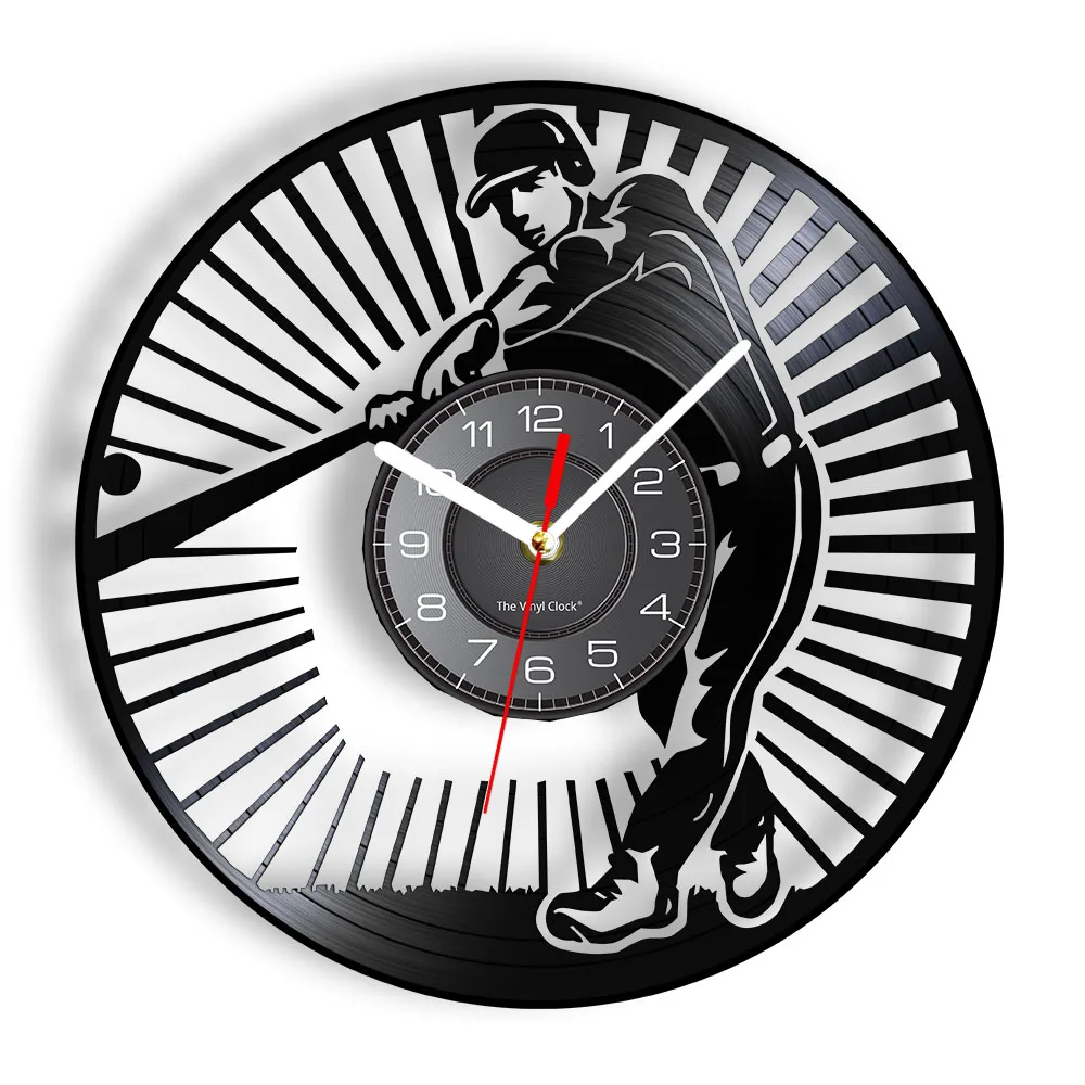 Baseball Player Silhouette Wall Art Clock Softball Vintage Vinyl Record Wall Clock Softball Club Sports Room Decor Baseball Gift