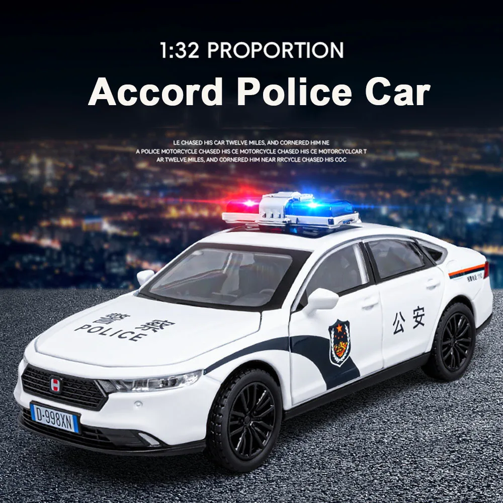 

1/32 Alloy Diecast Honda Accord Police Car Toy Model with 6 Doors Opened Pull Back Sound Light Vehicles Models for Kid Gifts