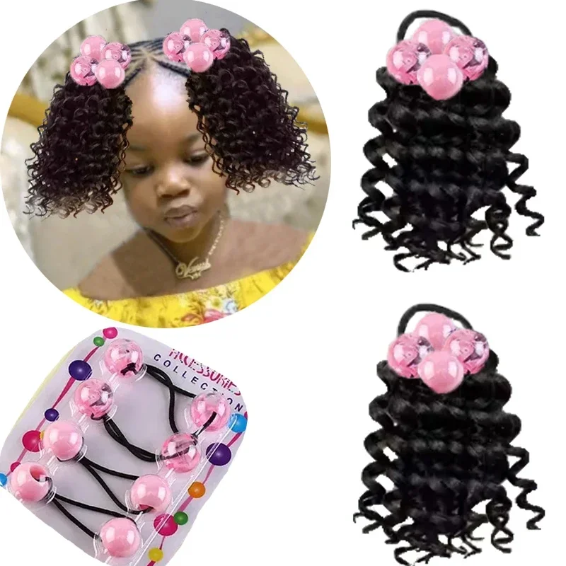 6 Inch 2Packs Curly Water Wave Kids Ponytail Afro Kinky Curly Hair Bun For Kids Natural Black Synthetic Hair  1B