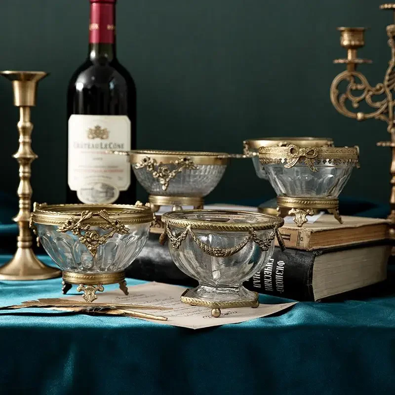 Brass Glass Snack Candy Bowl, Retro European Court Style Decorative Tableware for Dried Fruit Storage