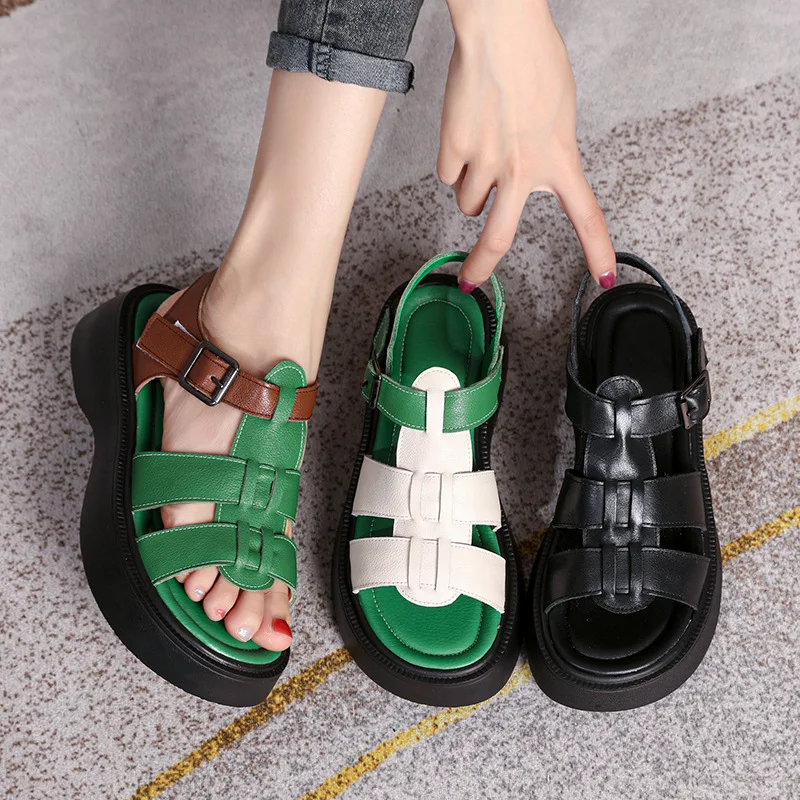 GKTINOO Summer Mixed Color Genuine Leather Sandals Roman Shoes Platform Wedges Woven Thick Soled Sandals Women Shoes Large Size