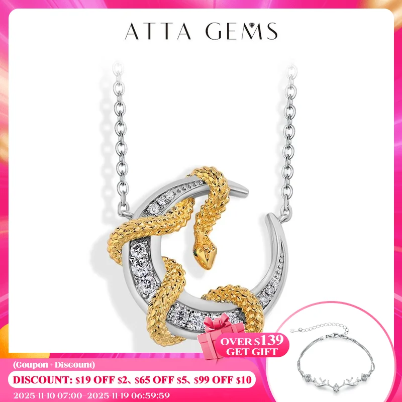 

ATTAGEMS Luxury Moissanite Necklace With Moon Snake for Women S925 Sterling Silver lucky Birthday Party Engagement Jewelry Gift