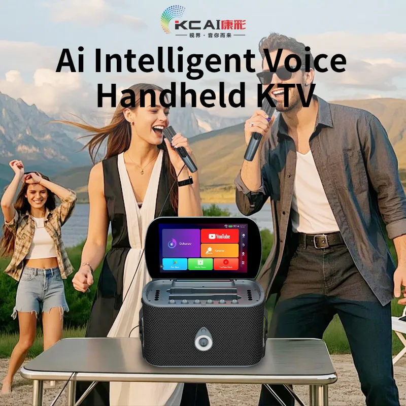 Multi functional speaker system portable, equipped with dual microphones and intelligent touch screen