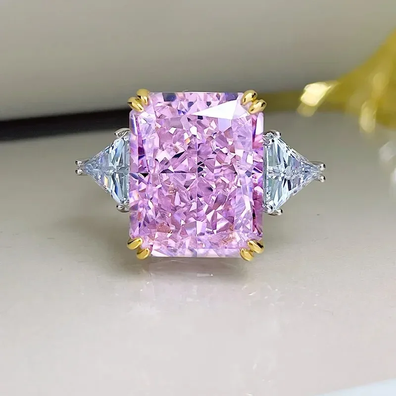 16 Carat Super Flash Crushed Ice Cut Large Diamond Ring Women'S Cherry Blossom Pink  2022 New Fashion 925 Sterling Silver