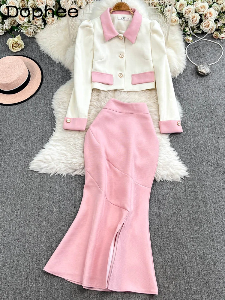 Fishtail Skirt Sets Women's Clothing Spring Autumn High-end Temperament Contrasting Color Coat Half-length Skirt Two-piece Sets