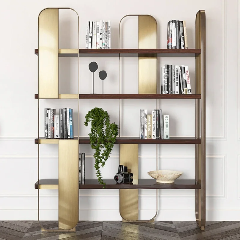 modern design gold metal Bookcase Bookshelf Storage Rack Display wooden plate Bookshelves home office living room furniture