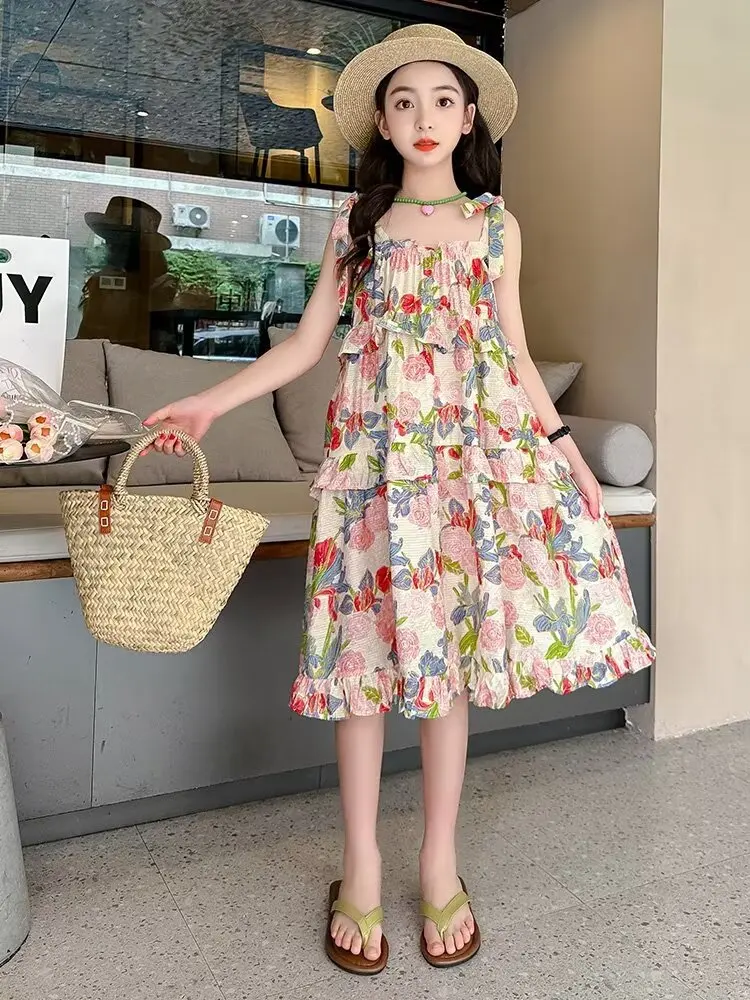 

Girls' Dress Summer New Fashionable Children's Vacation Fragmented Flower Beach Skirt Girls' Summer Dress Sling Dress