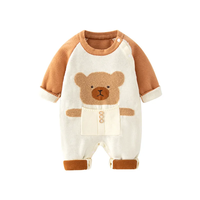 Spring Autumn Ins Newborn Boys Onesies Thickened Cartoon Bear Letter Infant Boys Bodysuit Long Sleeve Baby Boys Jumpsuit