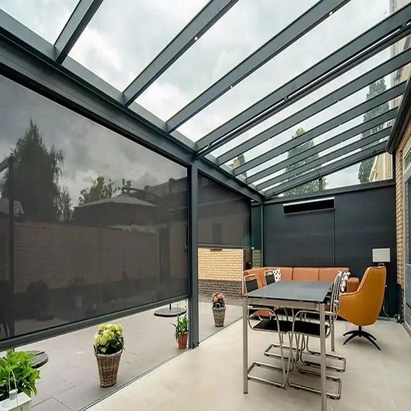 Electric Windproof Zip Blinds. Outdoor PVC roller shade. Motorized sun blocking for patio. Weather resistant. Smooth quiet opera