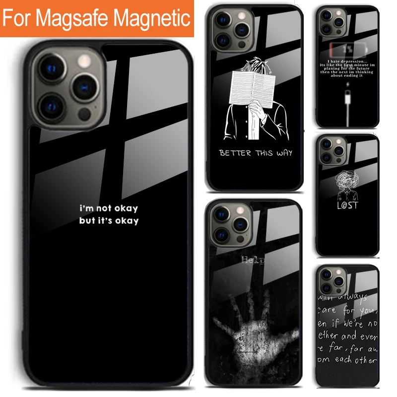 Sad depression Black Word Aesthetic Phone Case For iPhone 16 15 14 13 12 Pro Max Plus Magsafe Magnetic Wireless Charging Cover