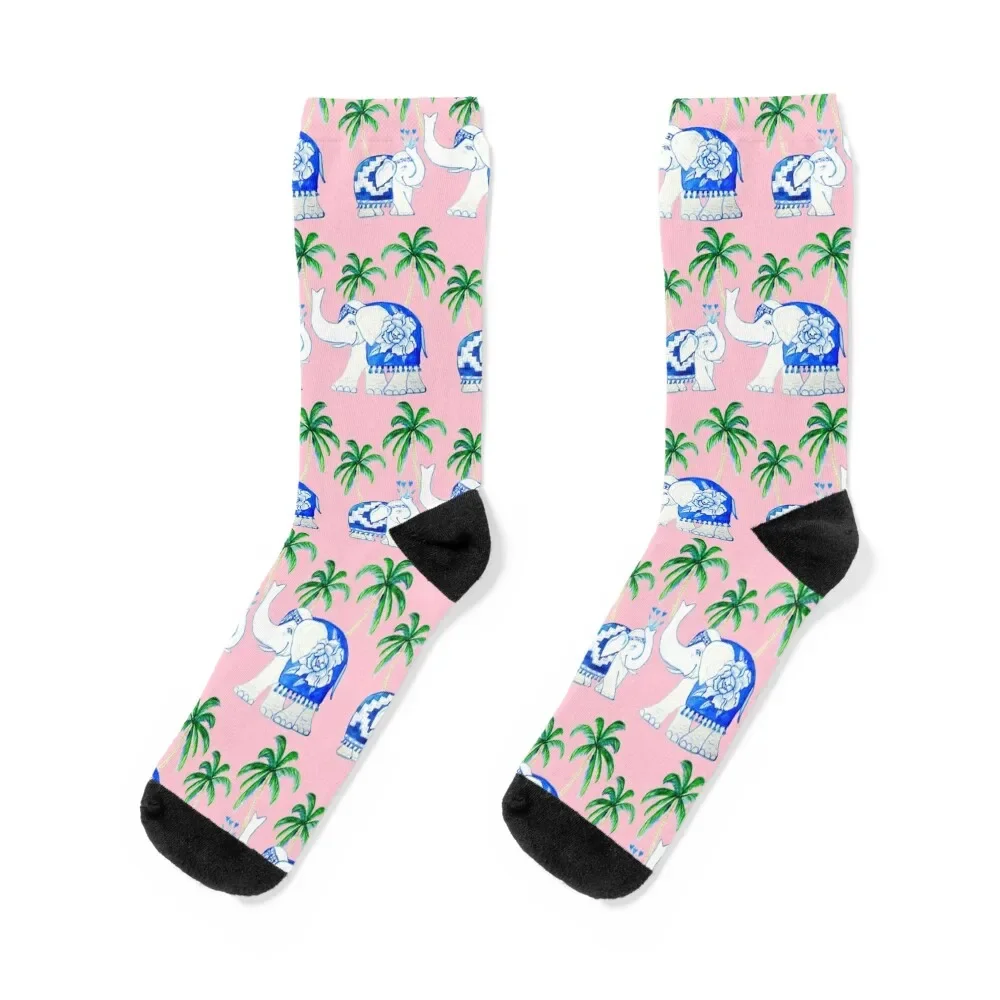 Chinoiserie elephants with palms on pink Socks kawaii custom sports luxe Non-slip Socks Woman Men's