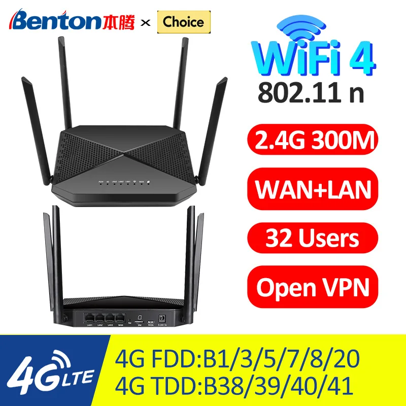 

Benton 300Mbps 3G 4G Router 4G LTE Router with SIM Card Slot WAN LAN VPN 32 Users 4G SIM WiFi Router for Asia Europe America