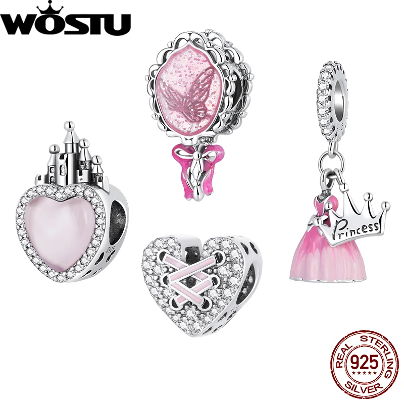 WOSTU 925 Sterling Silver Princess Dress Beads Romantic Pink Heart Butterfly Charms Fit Orignal Bracelet Necklace Gift For Girl