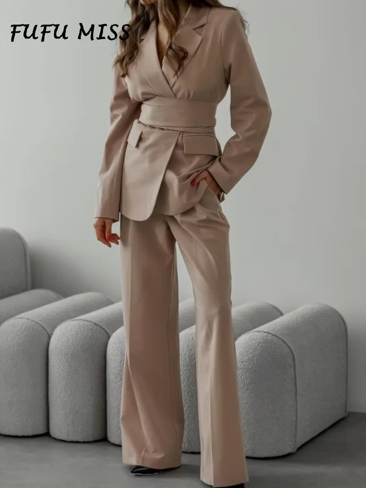 

Элегантный брючный костюм, женский тонкий пиджак с v-образным вырезом и карманами, прямые брюки с длинными рукавами и поясом, женские однотонные комплекты, женские весенне-осенние комплекты