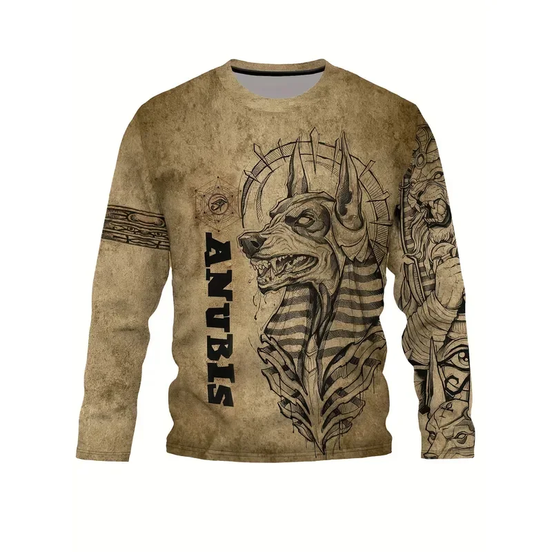 3D Printed Casual Long Sleeve Men's T Shirt 2026 Anubis Pattern Crew Neck Stretch Fabric Spring Autumn Fashion Streetwear Top