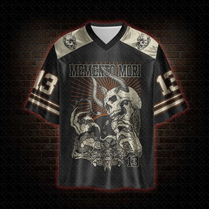 V Neck Football Jersey Vintage Horned Demon Skull Snake Memento Mori Print Black Cream Orange Striped Sleeve Loose Sport Tee