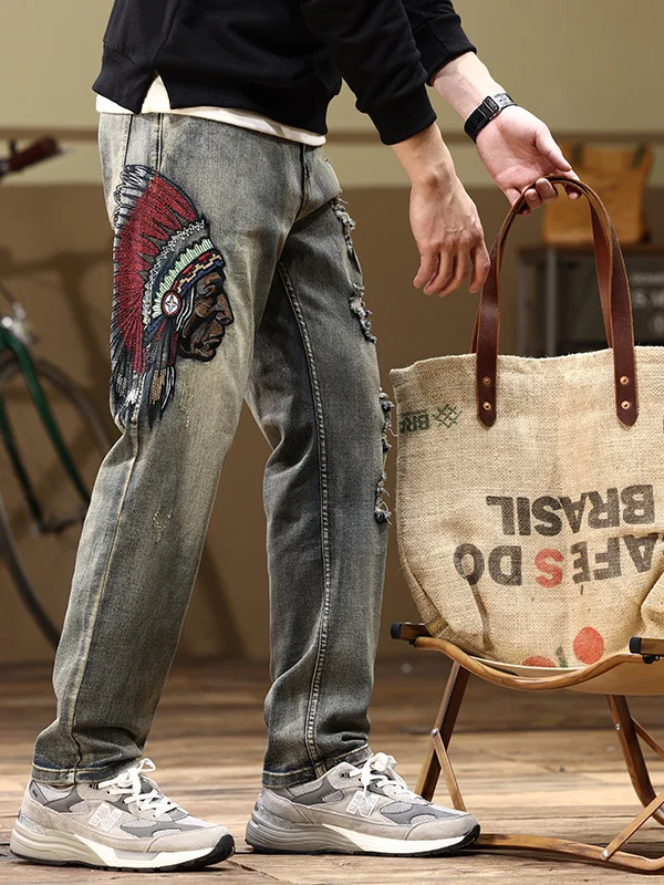

Retro Embroidered Slim Fit Men's Jeans Spring Autumn Cross-Border Elastic Trendy Brand Destroyed Denim Pants mid Waist Zipper