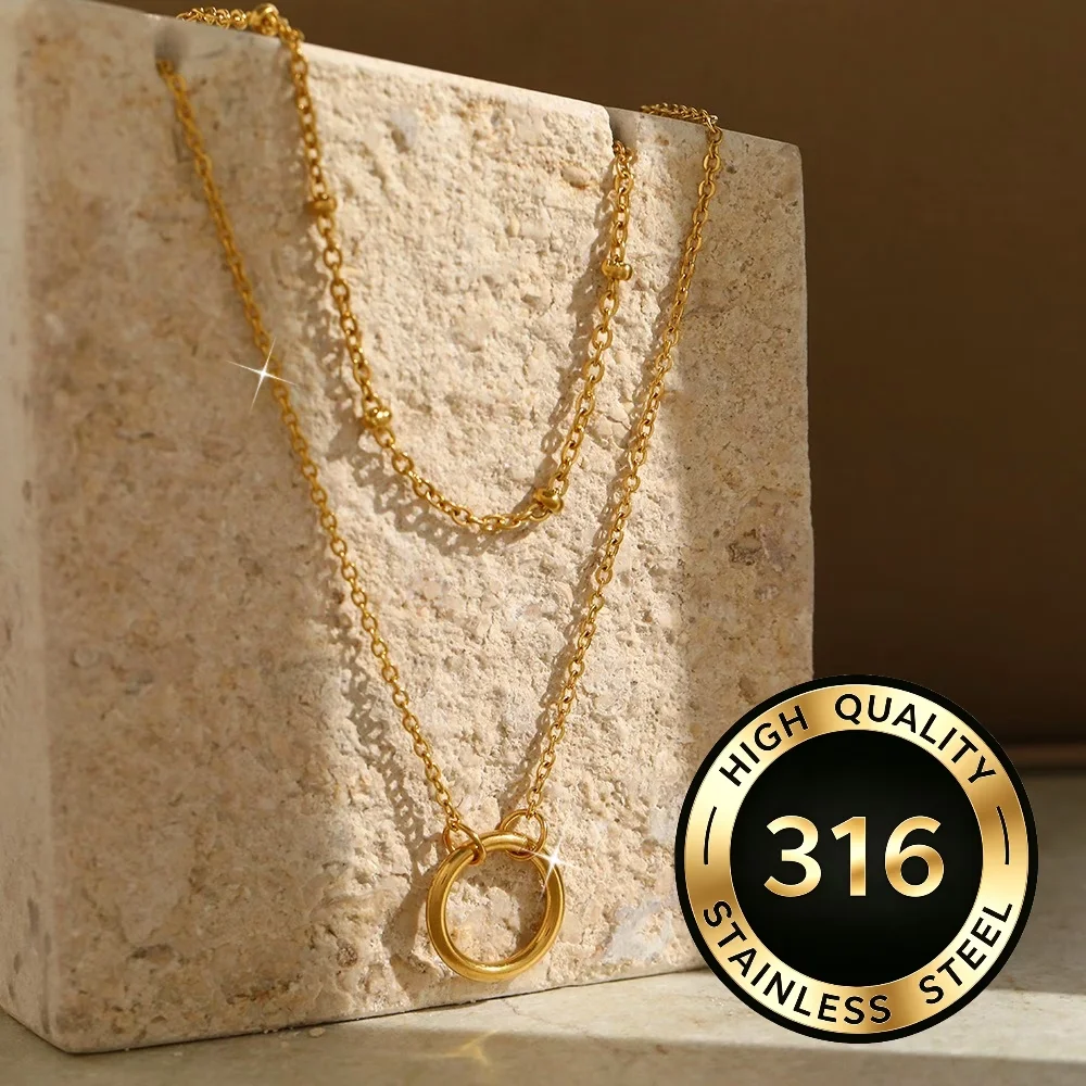 1pc Geometric Hollow Ring Pendant W/ Single Row of Small Beads And Chain Design Clavicle Chain Plain Ring Stainless Steel Neckla