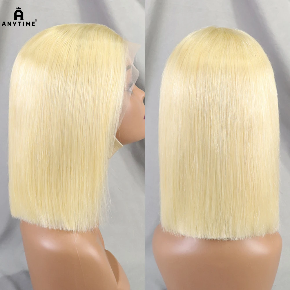 Peluca de cabello humano liso Bob corto de corte Romo de 300% de densidad, peluca de cabello Frontal de encaje transparente 13x4, Color rubio 613 para mujeres negras