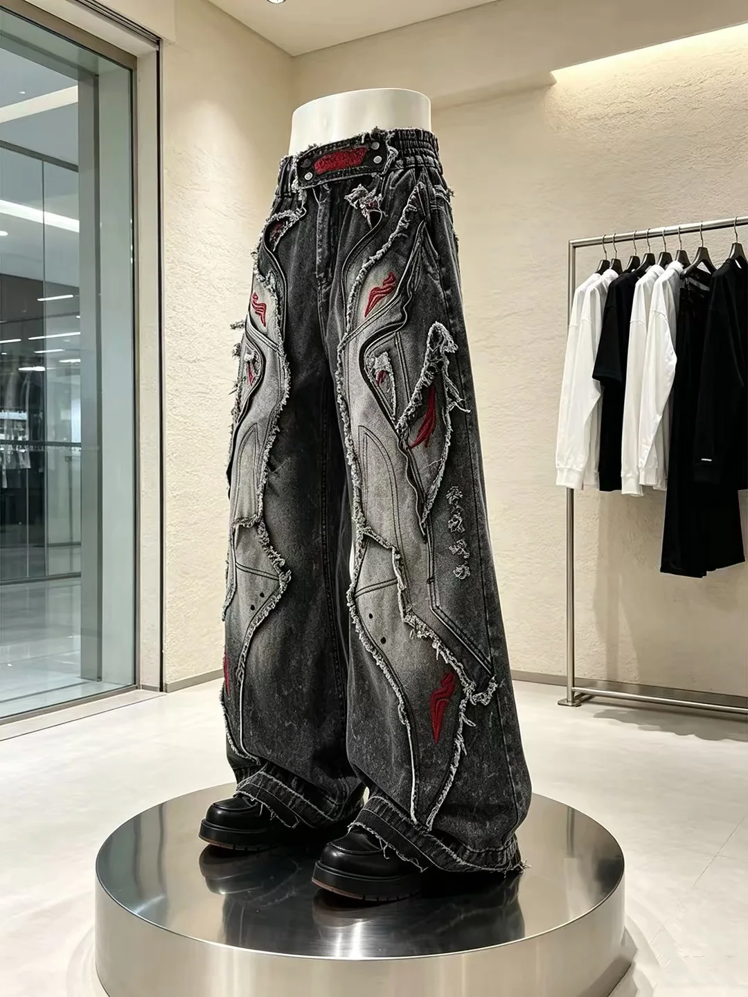 American High Street Punk Subculture Heavy Embroidery Jeans Women's Autumn Hip Hop Street Splicing Embroidery Floor-Length Pants