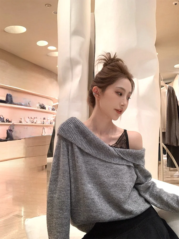 

Женский вязаный свитер Lazy Sle с кружевными вставками, с открытыми плечами, в корейском стиле, с длинными рукавами, свободного кроя, однотонный, для повседневной носки