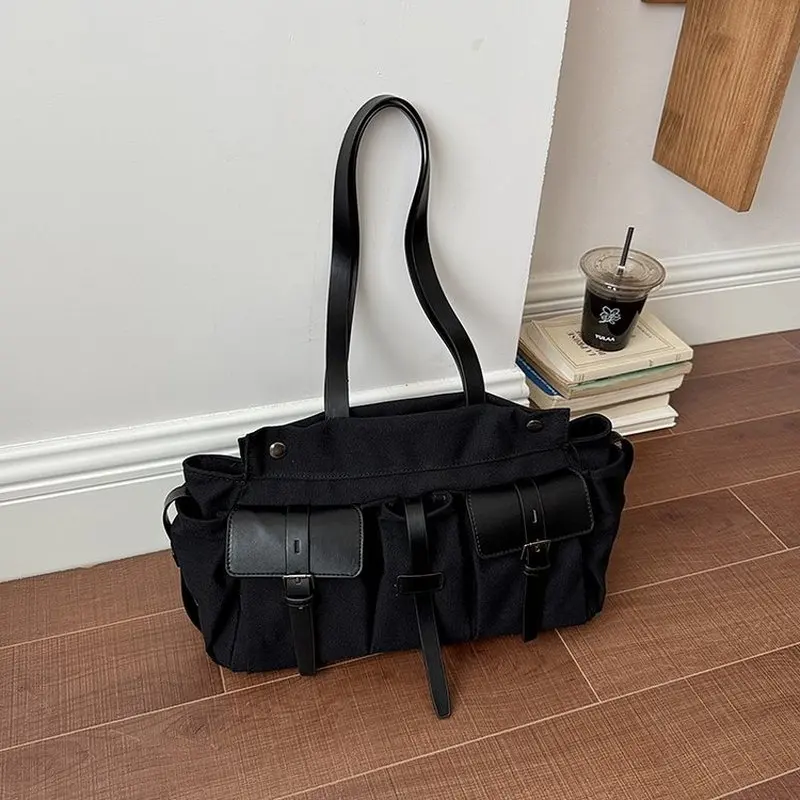 Retro Canvas Tote Bag Women's Commuter Bag Large Capacity Multi-Pocket Military Green Canvas Shoulder Bag for Daily Use SAC image 3