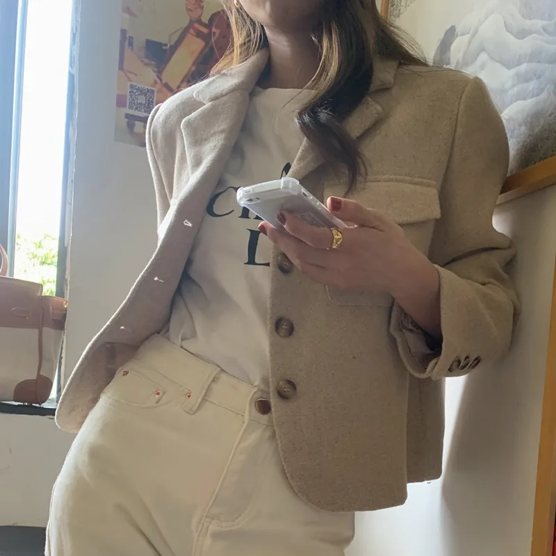 Women's Autumn and Winter New Vintage Blazer Retro Temperament Lapel Single-breasted Wool Suit Long-sleeved Jacket Coat