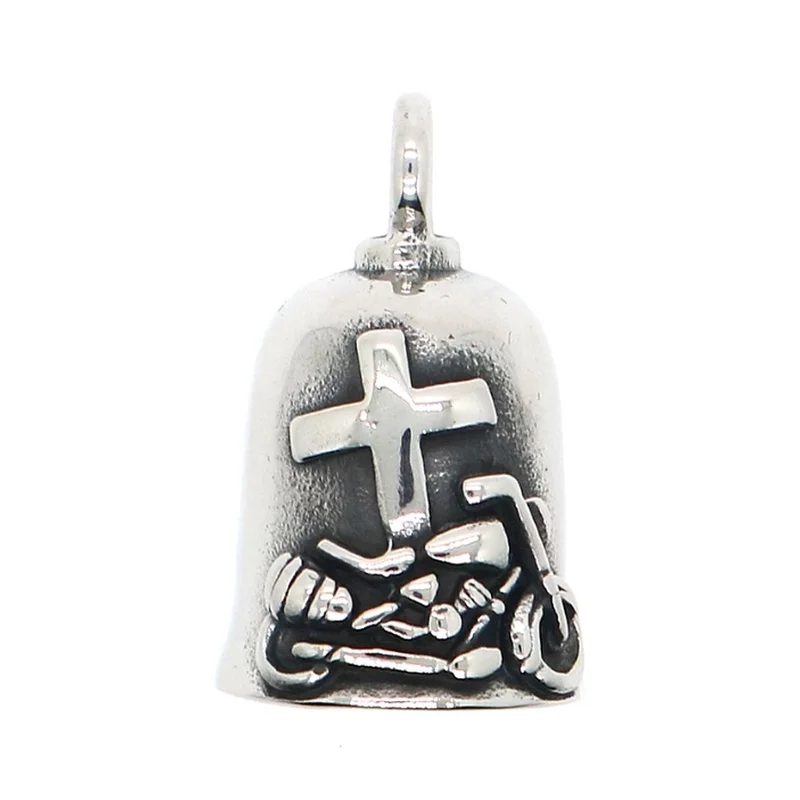 Vintage Cross Motorcycle Bell Pendant Necklace for Men Punk Biker Rock Necklace Jewelry Gift