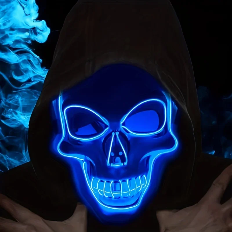 Maschera di Halloween a LED, illuminazione per costumi da festa con bagliore al neon, maschera per il viso horror in PVC per adulti/adolescenti, Halloween, case stregata, discoteche, festivo