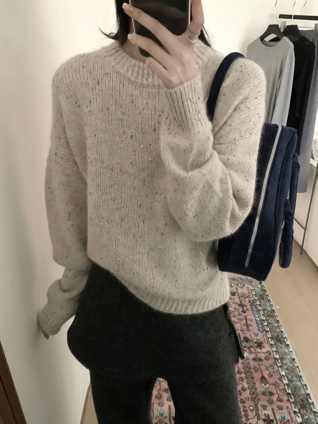 

Шерстяной свитер с корейской атмосферой, круглый вырез с пайетками, толстый шерстяной вязаный свитер.