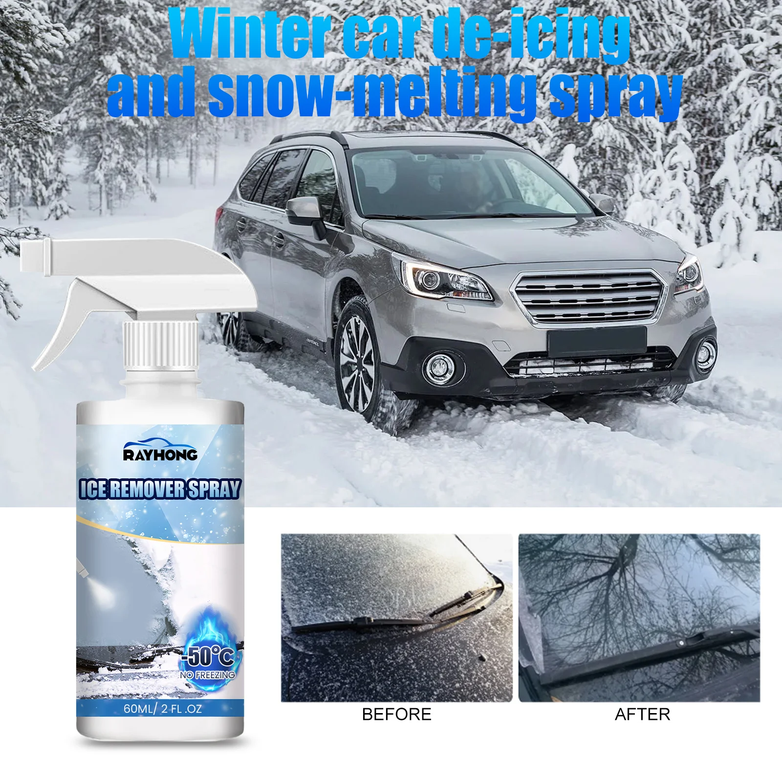 Winter Car De-Icing And Snow-Melting Spray Quickly Melts Frost ＆ Snow On Car Windows Easily Wipes Clean Car De-Icing Agent 60ml
