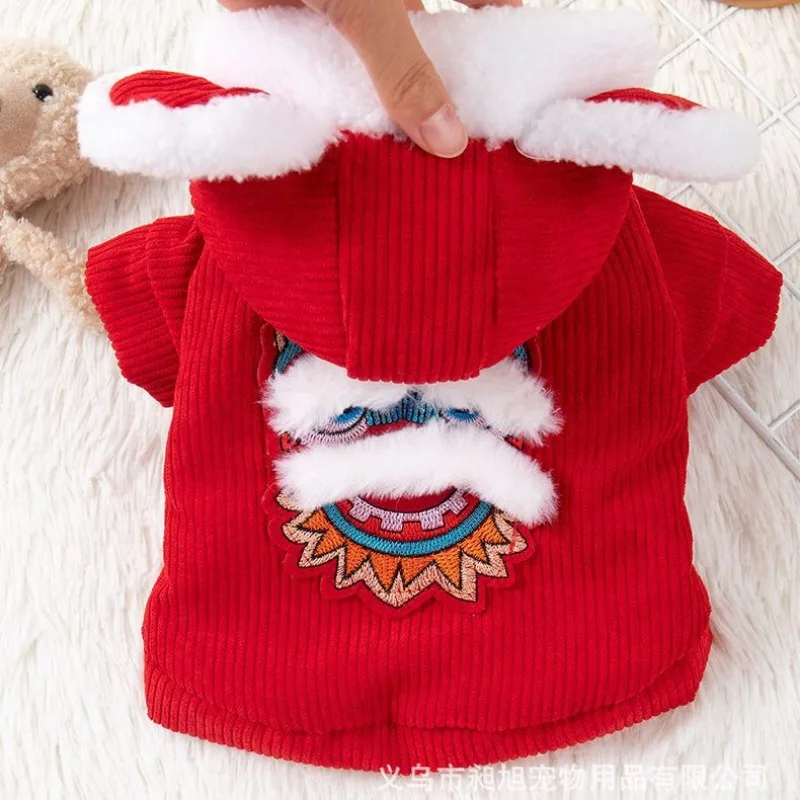 Lion Dance Dog Hoodies New Year Pet Dog Clothes Fashion Kawaii Festivities Clothe Warm Collar Costume Autumn Winter Accessories