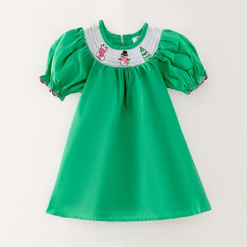 Girlymax Winter Christmas Tree Baby Girls Kids Children Clothes Embroidery Smocked Dress Knee Length Dress Short Sleeve