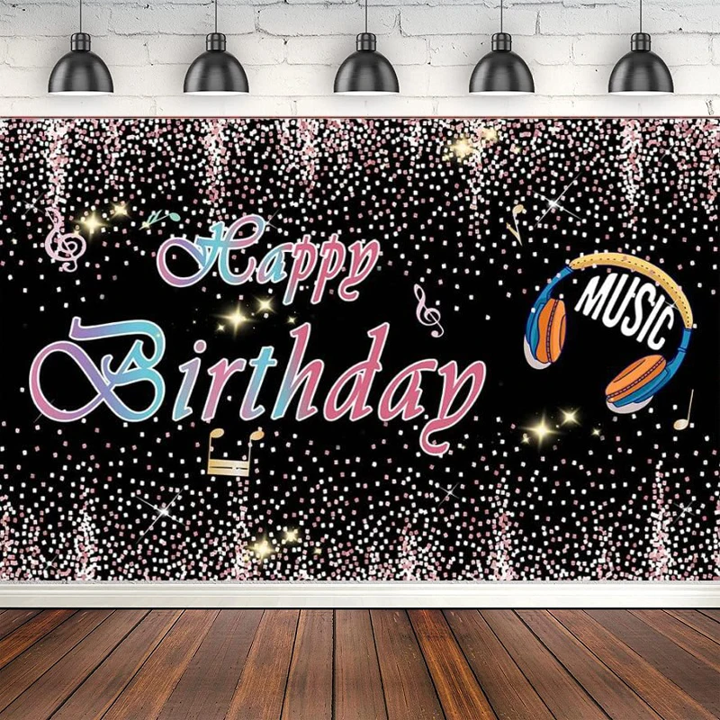 Happy Birthday Photography Backdrop Sequin Pink Glittering Star Background Music Symbol Music Stage Party Decoration Baby Shower