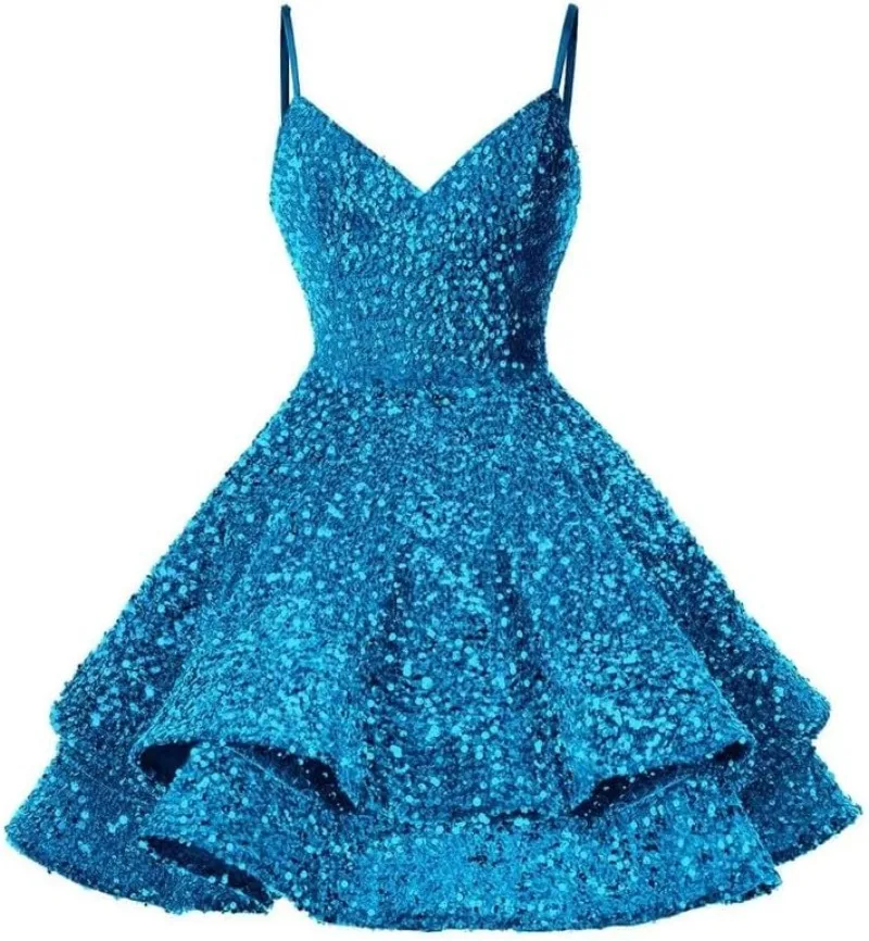 Customized Sexy V Neck Short Homecoming Dresses Sparkly Sequined Suspenders Strapless Cocktail Dress Cascading Ruffle Vestidos D