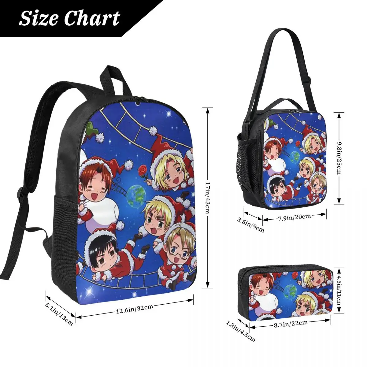 Hetalia Group World Stars Backpack Boys Girls BookBag School Bag Computer Shoulder Bags 3ps Insulated Lunch Bag Pencil Case