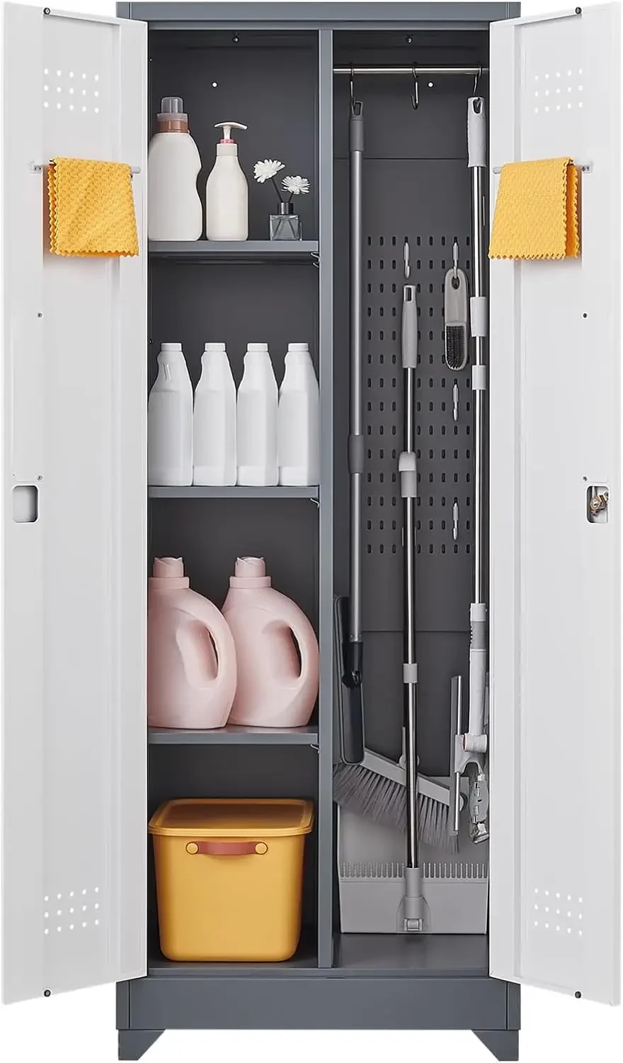 Broom Closet Storage Cabinet with Locking Doors,Cleaning Tool Cabinet,Metal Storage Cabinet with Shelves and Hanging R