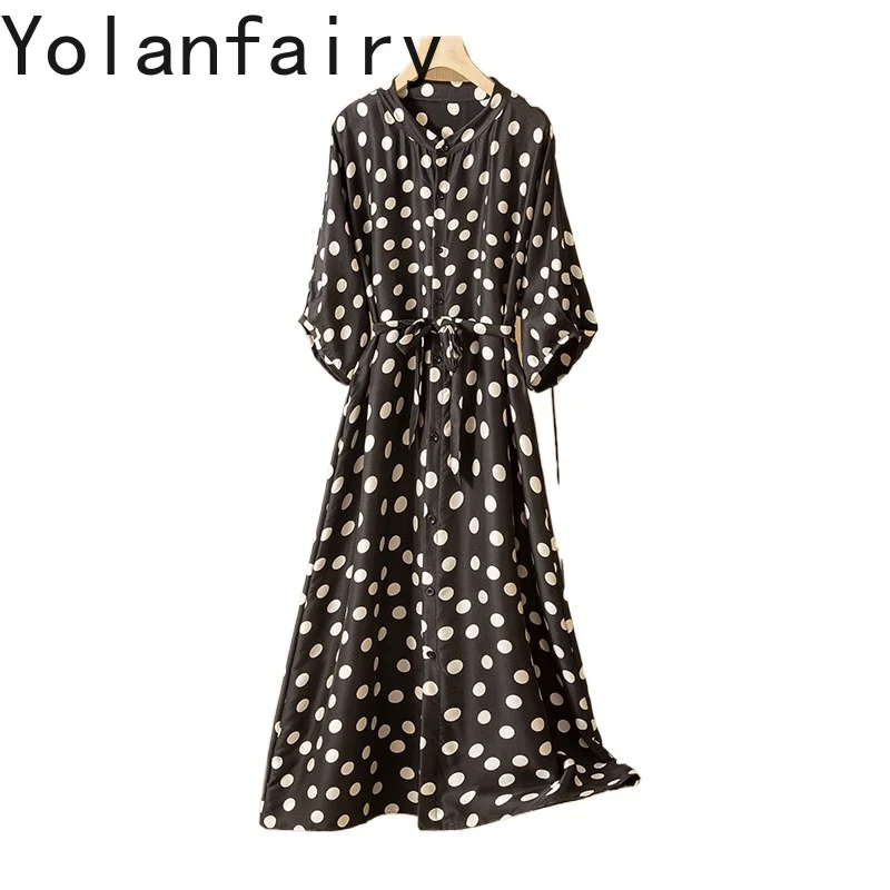 YOLANFAIRY 100% Real Mulberry Silk Long Dresses 2025 Woman Classic Polka Dot Dress Silk Satin Elegant Ladies Dresses Half Sleeve