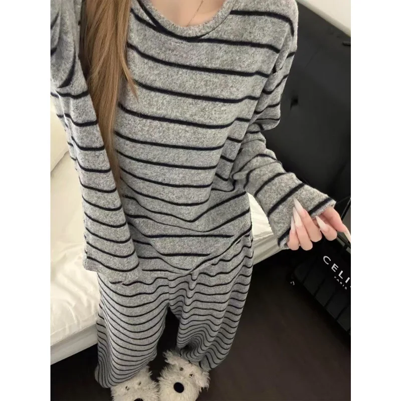 

Striped Design Sende Velvet Pajamas Women's Autumn and Winter Thickened Loungewear Suit Can Be Worn Outside