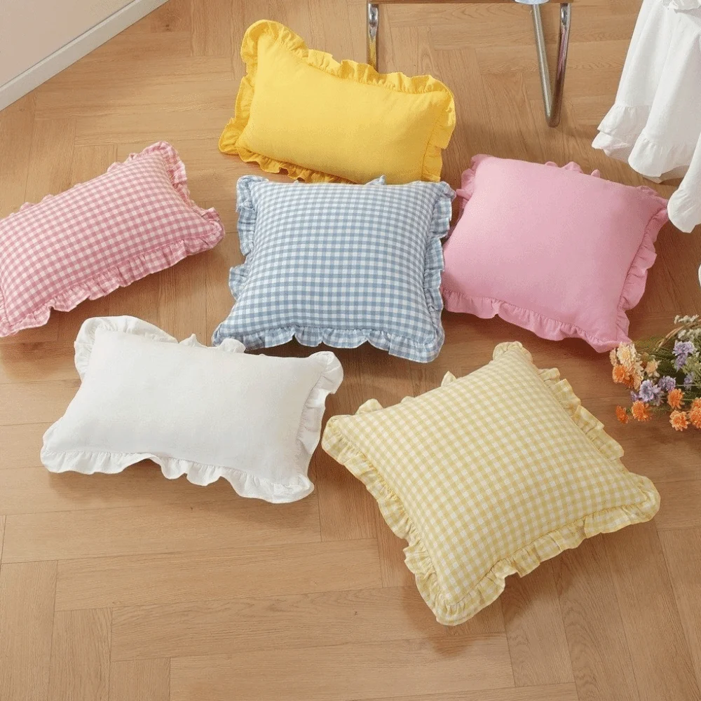 Soft Cotton Throw Pillow Cover Lotus Leaf Skirt Edge Solid Color Ruffled Edge Pillowcase Plaid Print Comfortable