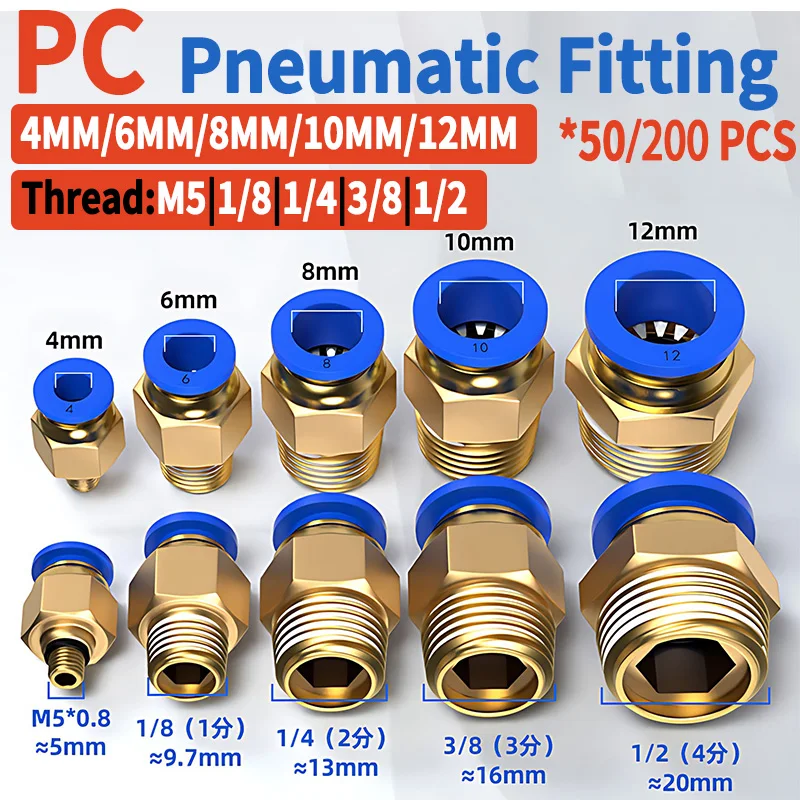 

50/200PCS Pneumatic Air Connector Fittings,PC 4mm 6mm 8mm 10mm 12mm, Thread 1/8" 1/4" 3/8" 1/2",Quick Connect Hose Pipe Fittings